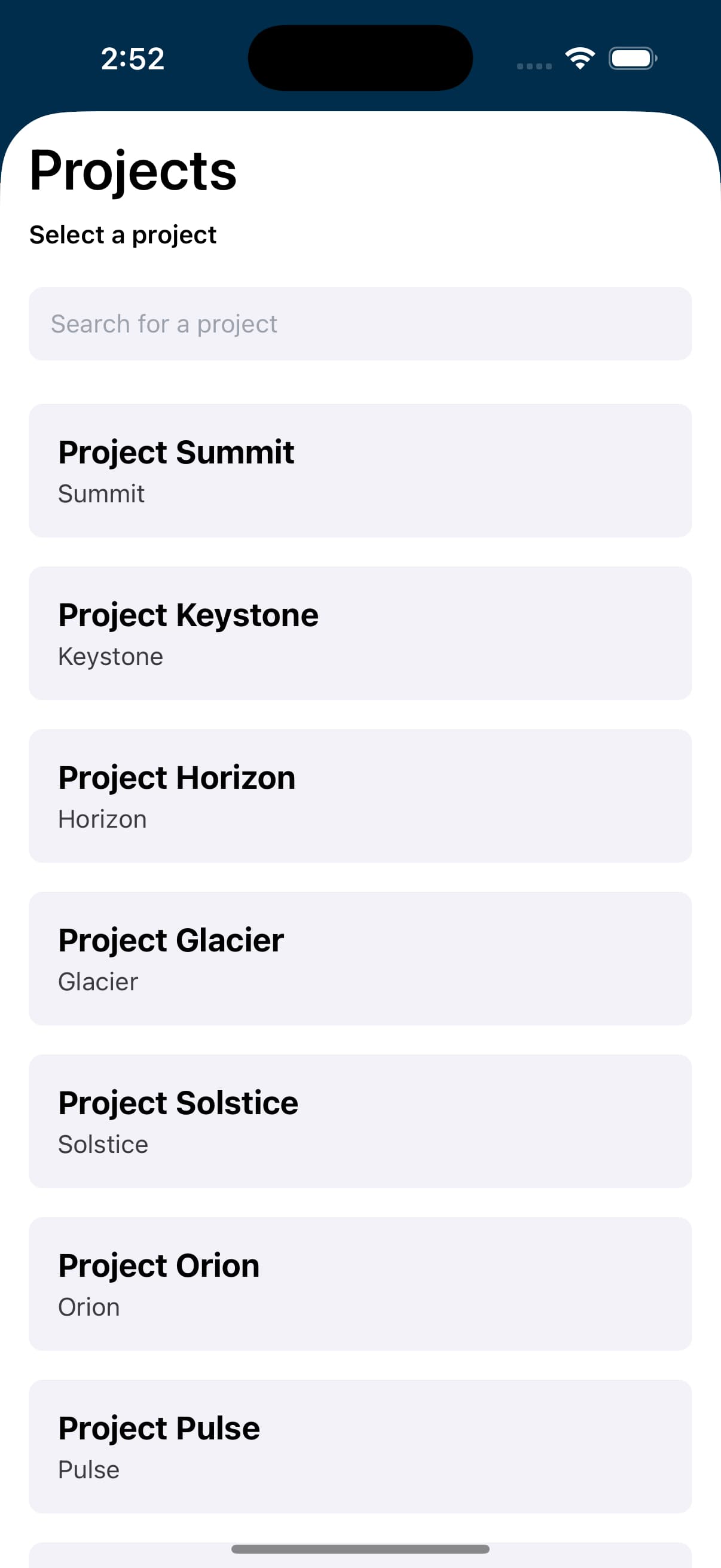 Project selection mobile preview
