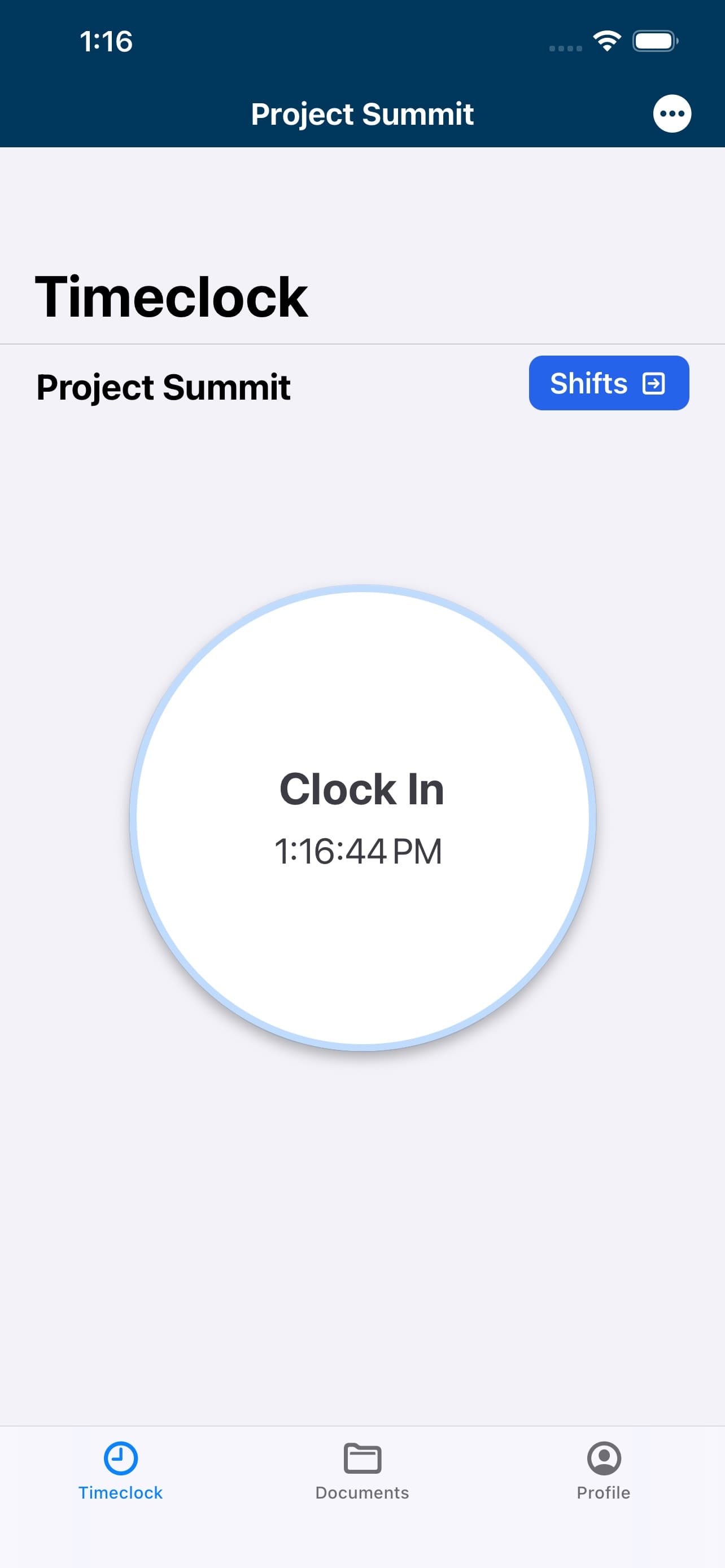 Bridge mobile Timeclock preview with a project clock-in